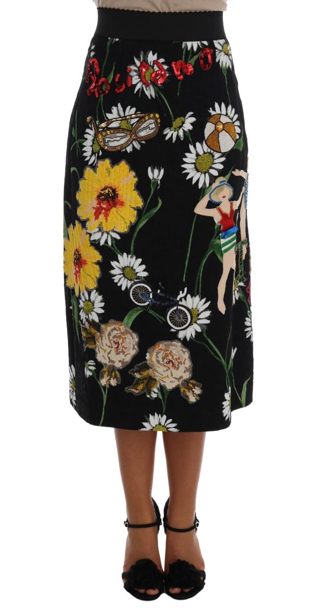 Dolce & Gabbana Black Embellished Daisy Brocade Women's Skirt