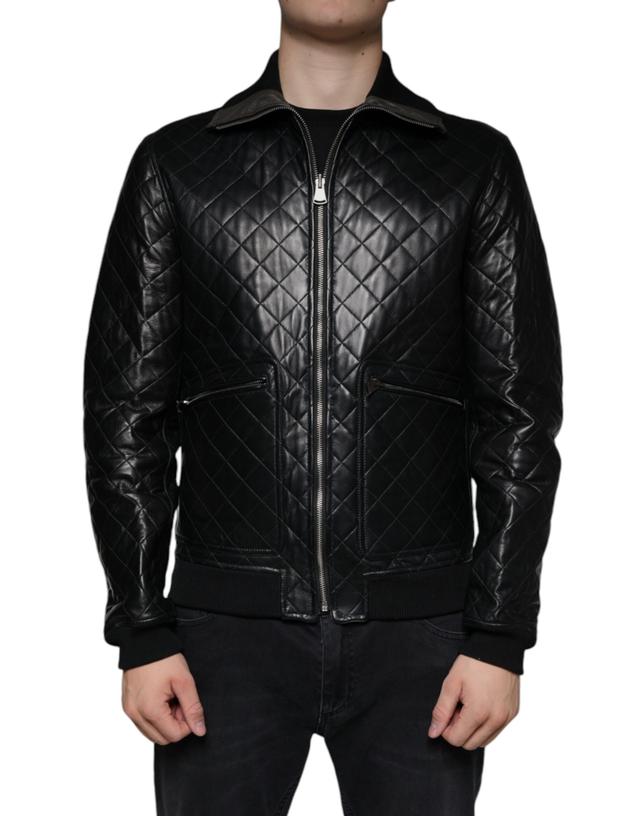 Dolce & Gabbana Black Calf Leather Quilted Full Zip Men's Jacket (Pre-Owned)