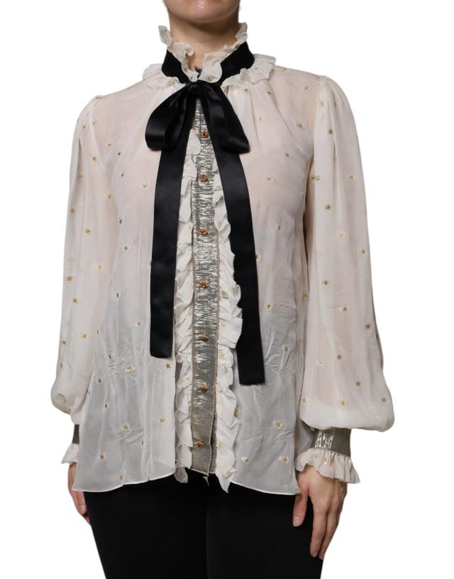 Dolce & Gabbana Off White Silk Blend Ascot Collar Blouse Women's Top (Pre-Owned)