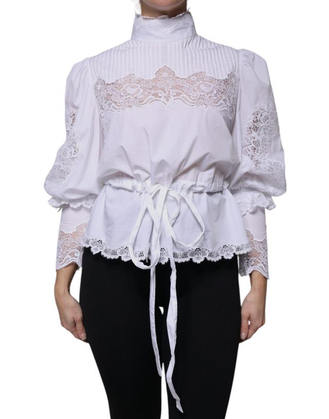Dolce & Gabbana White Cotton Lace Trim Turtleneck Blouse Women's Top (Pre-Owned)