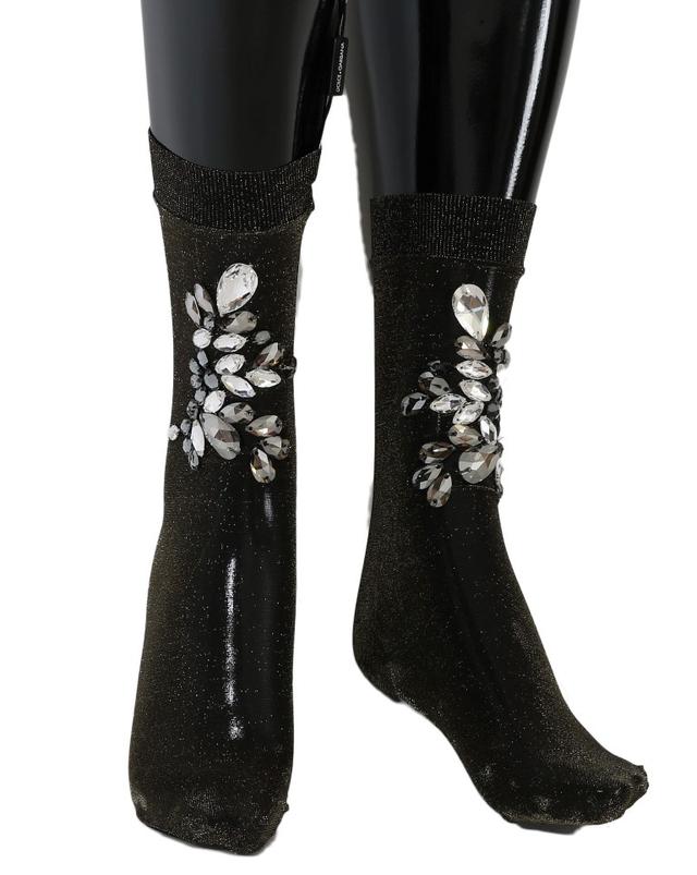 Dolce & Gabbana Black Stretch Floral Clear Crystal Women's Socks