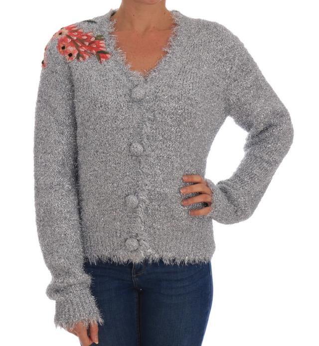 Dolce & Gabbana Silver Cardigan Floral Applique Women's Sweater