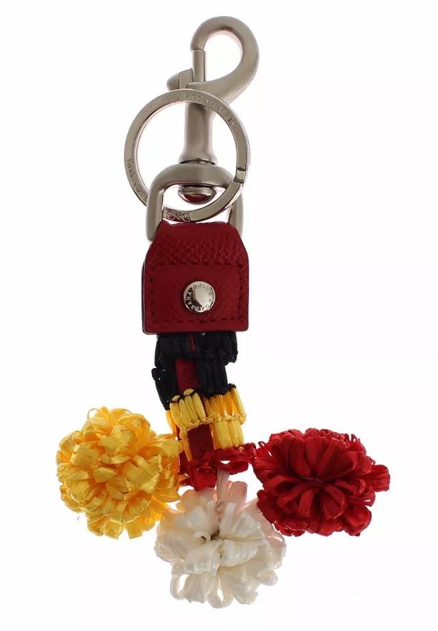 Dolce & Gabbana Silver Brown Raffia Leather Clasp Finder Chain Women's Keyring