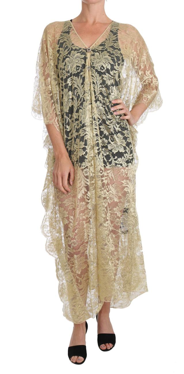 Dolce & Gabbana Gold Floral Lace Crystal Gown Cape Women's Dress