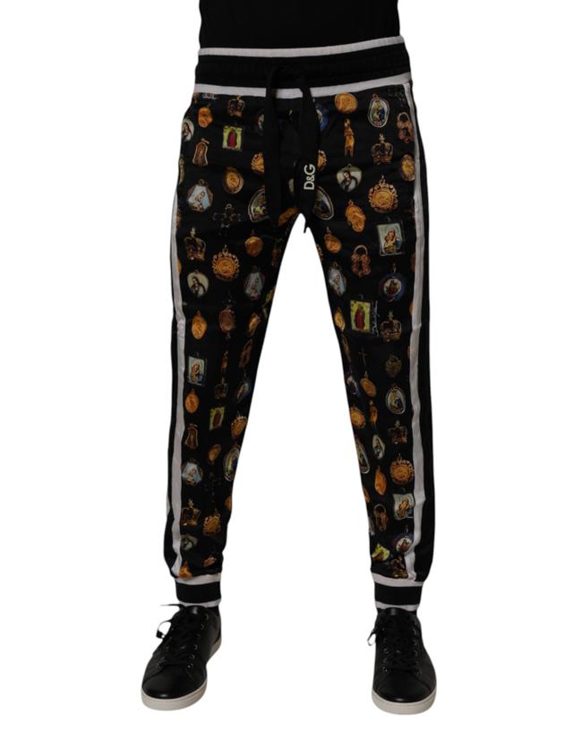 Dolce & Gabbana Black Religious Print Silk Men Jogger Men's Pants (Pre-Owned)