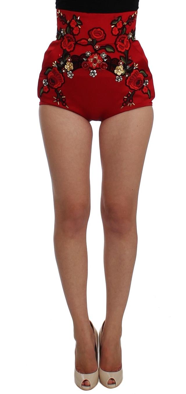 Dolce & Gabbana Red Silk Crystal Roses Women's Shorts