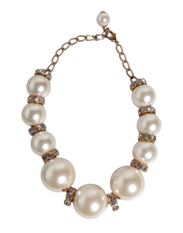 Dolce & Gabbana White Maxi Faux Pearl Beads Crystals Gold Chain Women's Necklace (Pre-Owned)