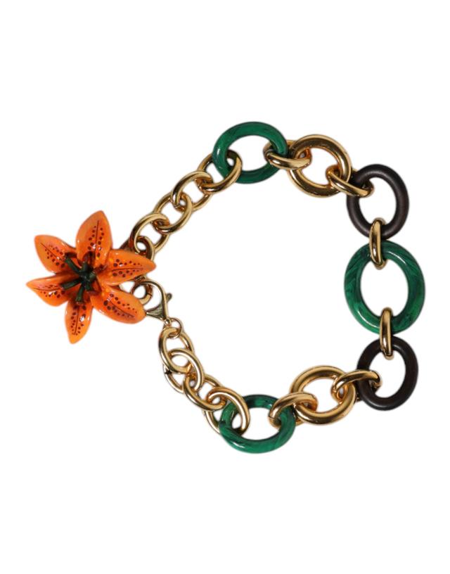 Dolce & Gabbana Multicolor Gold Brass Orange Lily Floral Chain Women's Necklace (Pre-Owned)