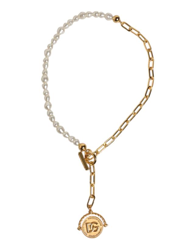 Dolce & Gabbana Gold Chain Brass Faux Pearl Charm Logo Pendant Women's Necklace (Pre-Owned)