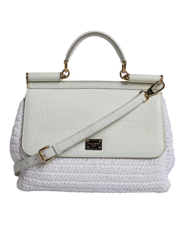 Dolce & Gabbana White Rafia Leather Top Handle Crossbody Women's Bag