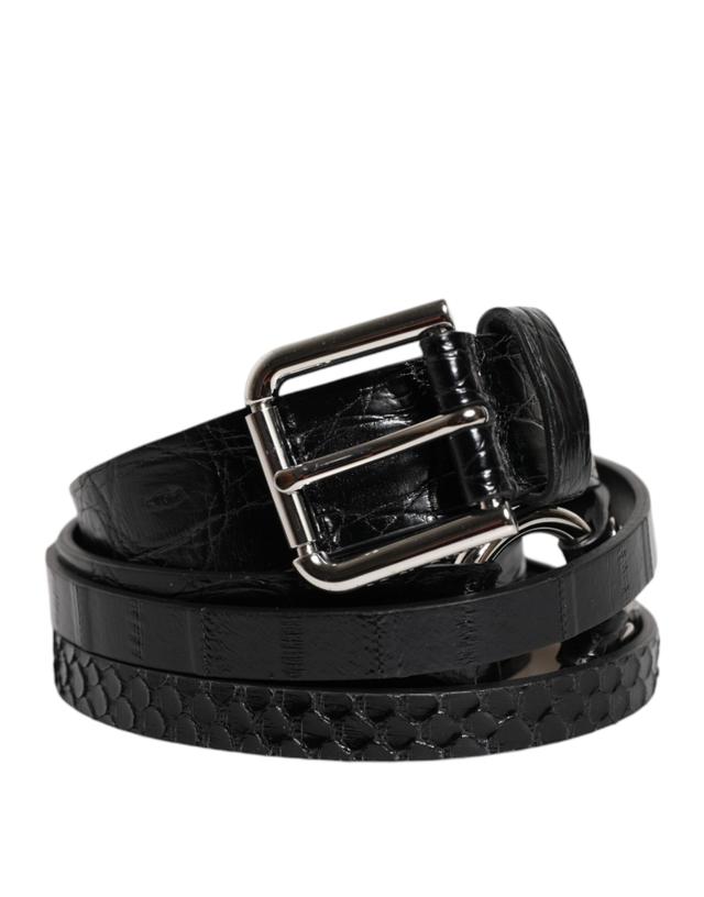 Dolce & Gabbana Black Exotic Leather Metal Logo Buckle Men's Belt (Pre-Owned)