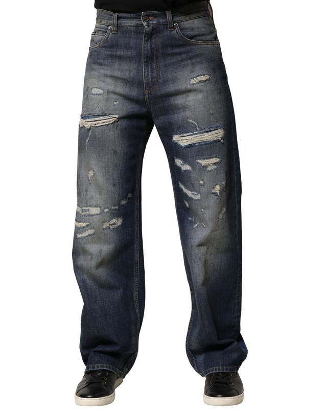 Dolce & Gabbana Blue Washed Tattered Cotton Men Men's Jeans (Pre-Owned)