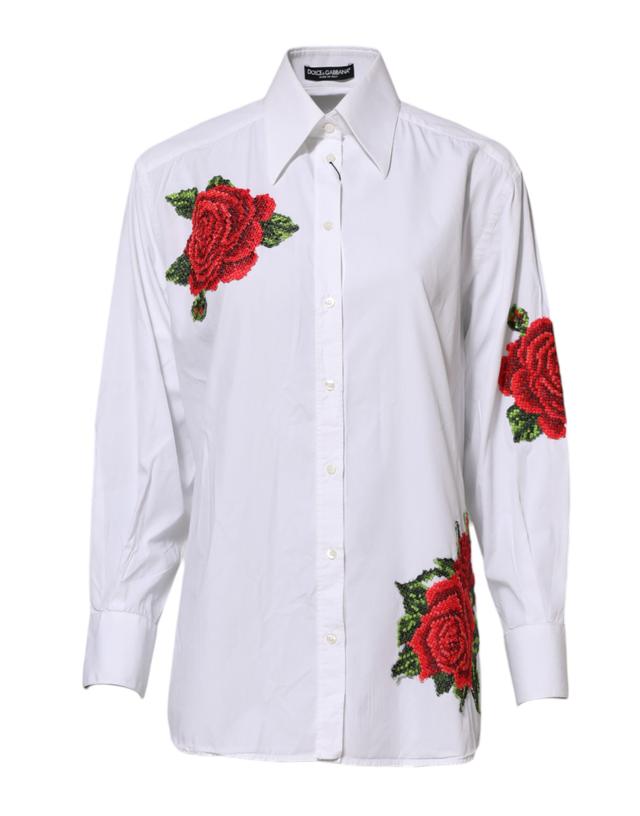 Dolce & Gabbana White Rose Embroidery Collared Shirt Women's Top (Pre-Owned)