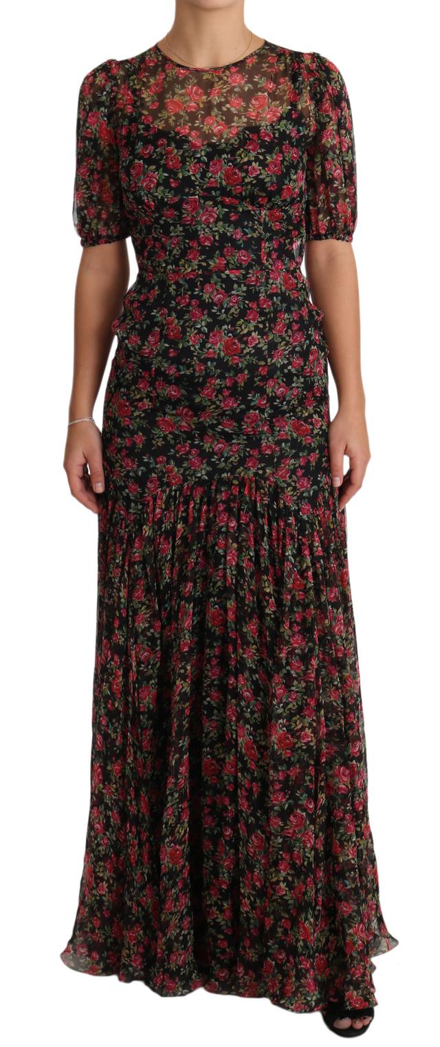 Dolce & Gabbana Black Floral Roses A-Line Shift Gown Women's Dress