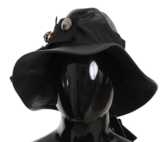 Dolce & Gabbana Black Leather DG Coin Crystal Wide Brim Women's Hat