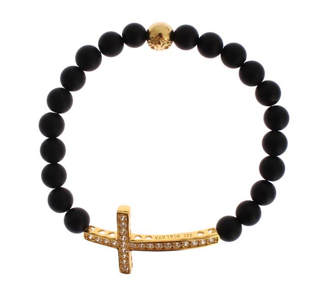 Nialaya Matte Onyx Stone Gold CZ Cross 925 Silver Women's Bracelet