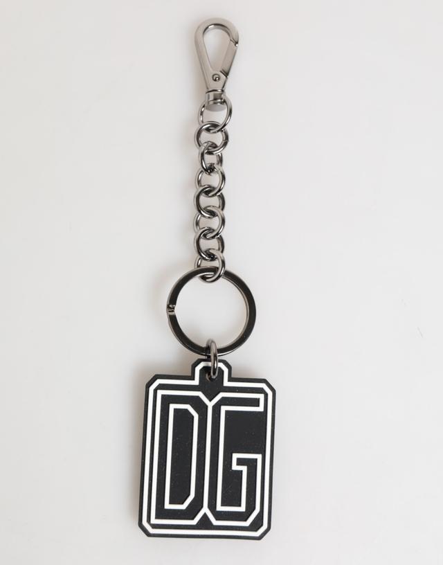 Dolce & Gabbana Black White DG Rubber Logo Silver Men Keychain Men's Keyring