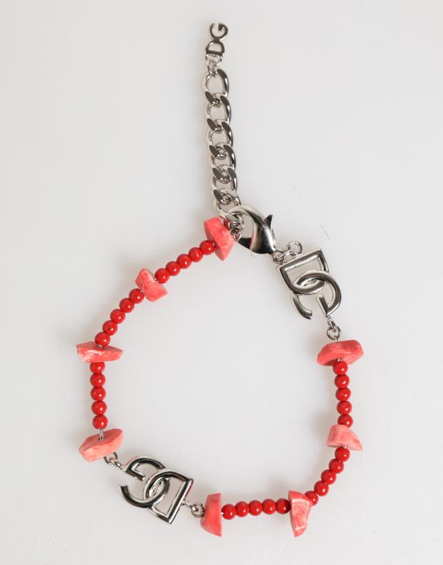 Dolce & Gabbana Silver Tone Brass Beaded Resin DG Logo Chain Men Men's Bracelet