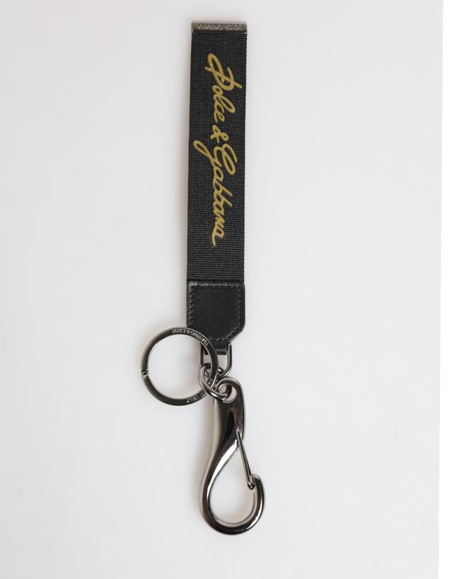 Dolce & Gabbana Black Yellow Polyester DG Logo Silver Keychain Men's Keyring