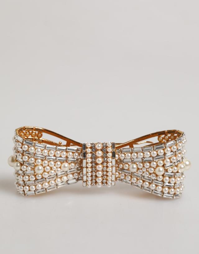 Dolce & Gabbana Gold Tone Brass Bow Crystal FauxPearl Embellished Women's Brooch (Pre-Owned)