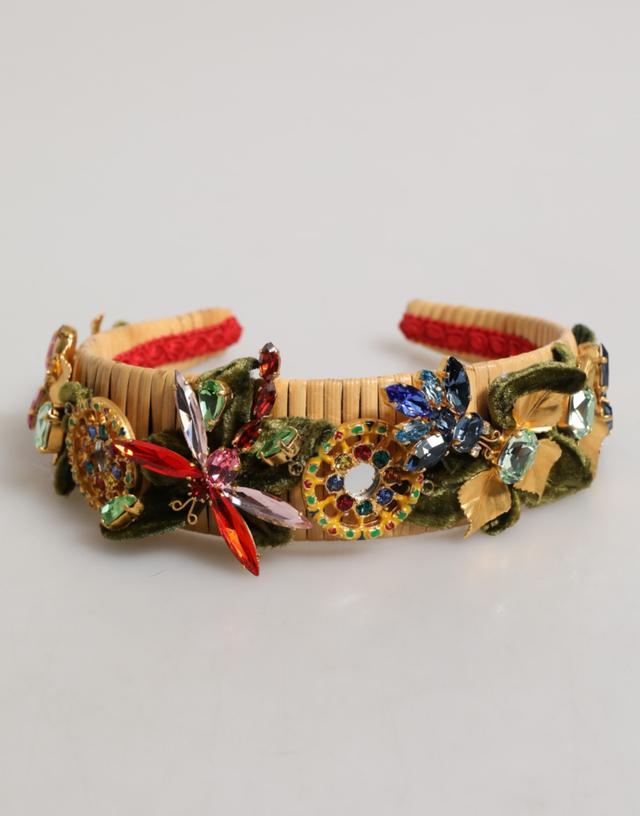 Dolce & Gabbana Multicolor Crystal Floral Gold Green Velvet Crown Women's Headband (Pre-Owned)