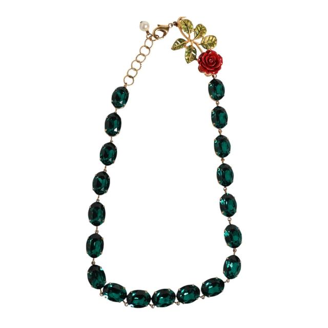 Dolce & Gabbana Red Rose Green Crystal Gold-Tone Chain Women's Necklace (Pre-Owned)