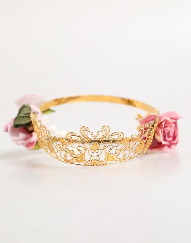 Dolce & Gabbana Gold Floral Tiara Pink Roses Crystal Crown Women's Headband (Pre-Owned)