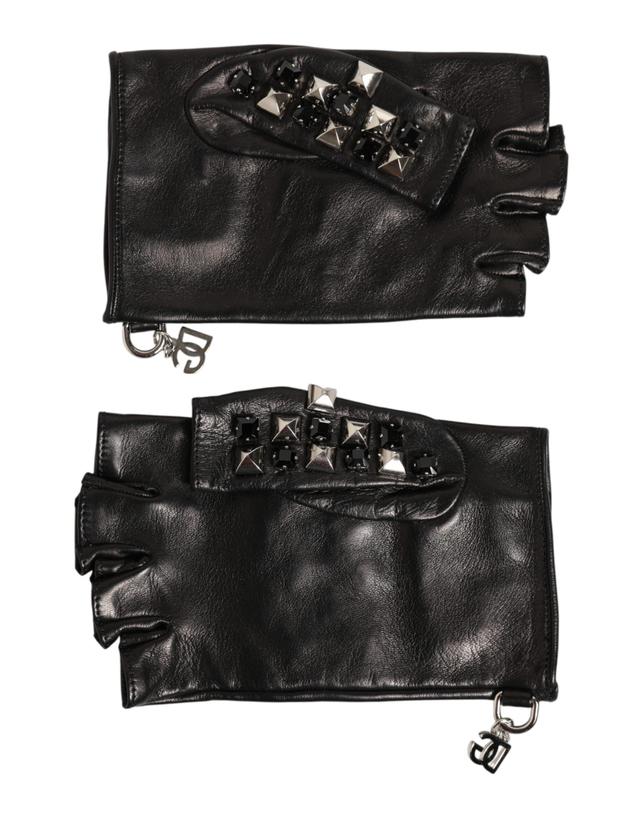 Dolce & Gabbana Black Leather Studded Fingerless Hand Mitten Men Men's Gloves