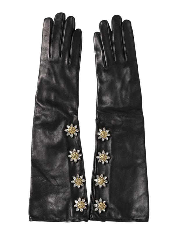 Dolce & Gabbana Black Leather Embellished Long Mitten Women's Gloves (Pre-Owned)