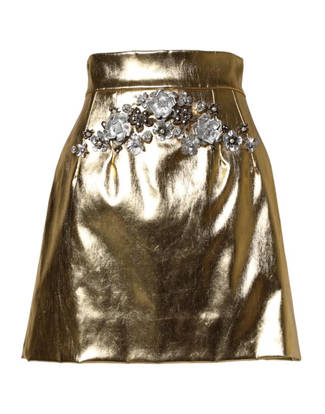 Dolce & Gabbana Gold Acetate Crystal High Waist Mini Women's Skirt (Pre-Owned)