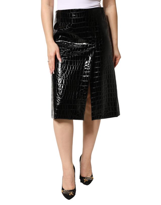 Dolce & Gabbana Black Croc Faux-Leather Mid Waist Midi Women's Skirt (Pre-Owned)