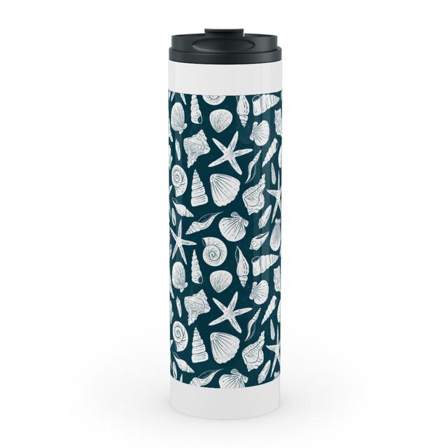 Travel Mugs: Textured Ocean Seashells - Dark Blue and Cream Stainless Mug, White, 20oz, Blue, Tru