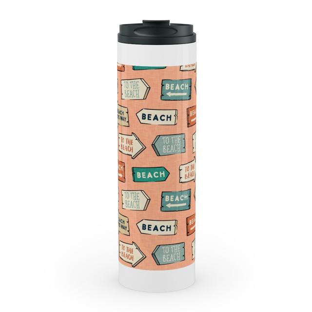 Travel Mugs: Beach Signs - To the Beach - Peach Stainless Mug, White, 20oz, Orange