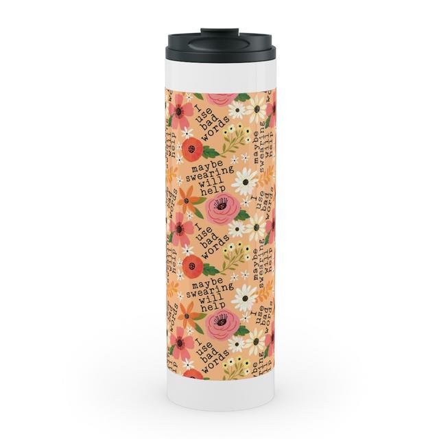 Travel Mugs: Maybe Swearing Will Help - Florai - Peach Stainless Mug, White, 20oz, Orange