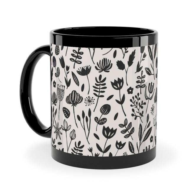 Black Photo Mugs: Folk Botanical Print - Neutral Ceramic Mug, Black, 11oz, Beige, Pearl