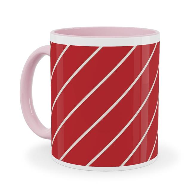 Pink Photo Mugs: Diagonal Stripes on Christmas Red Ceramic Mug