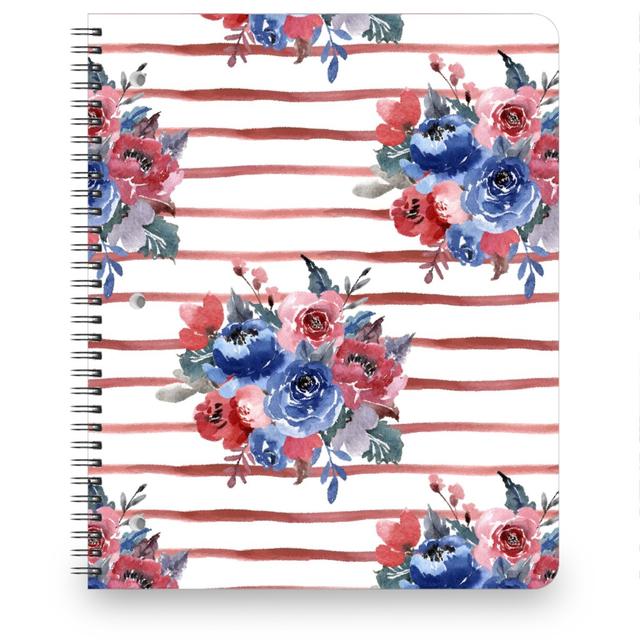 Personalized Notebooks: Freedom Florals With Red Stripes - Multi, 8.5x11, Red