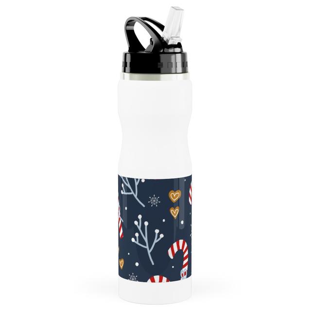 Photo Water Bottle with Straw: Candy Canes and Gingerbread Hearts, Stainless Steel, 25oz, Blue, True Blue