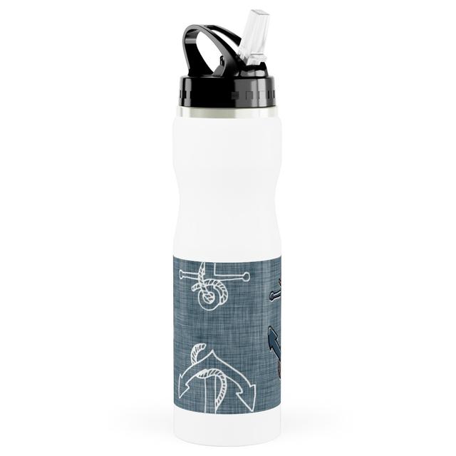 Photo Water Bottle with Straw: Anchors Away - Textured Blue, Stainless Steel, 25oz, Blue, True Blue