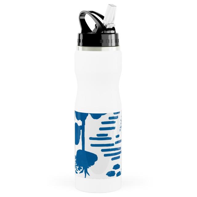 Photo Water Bottle with Straw: Blue and White Garden, Stainless Steel, 25oz, Blue, True Blue