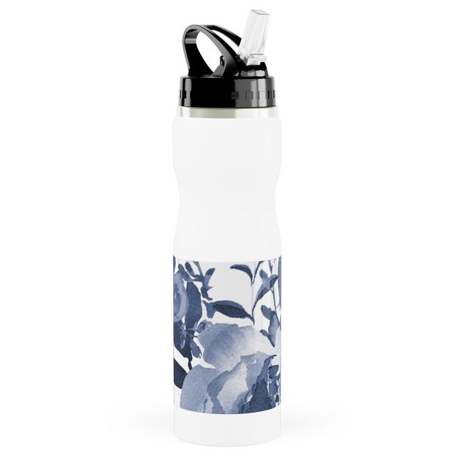 Photo Water Bottle with Straw: Blue and White Florals - Indigo, Stainless Steel, 25oz, Blue, True Blue