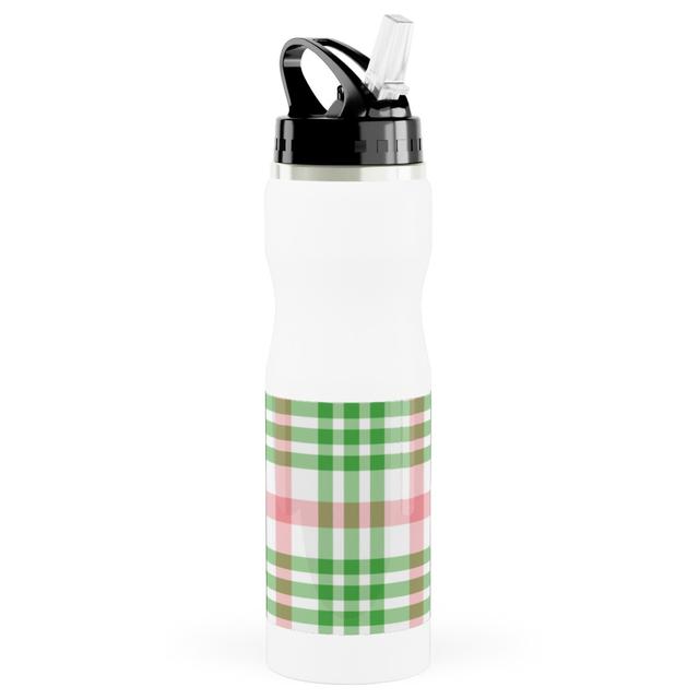 Photo Water Bottle with Straw: Pink, Green, and White Plaid, Stainless Steel, 25oz, Green, Classic Green