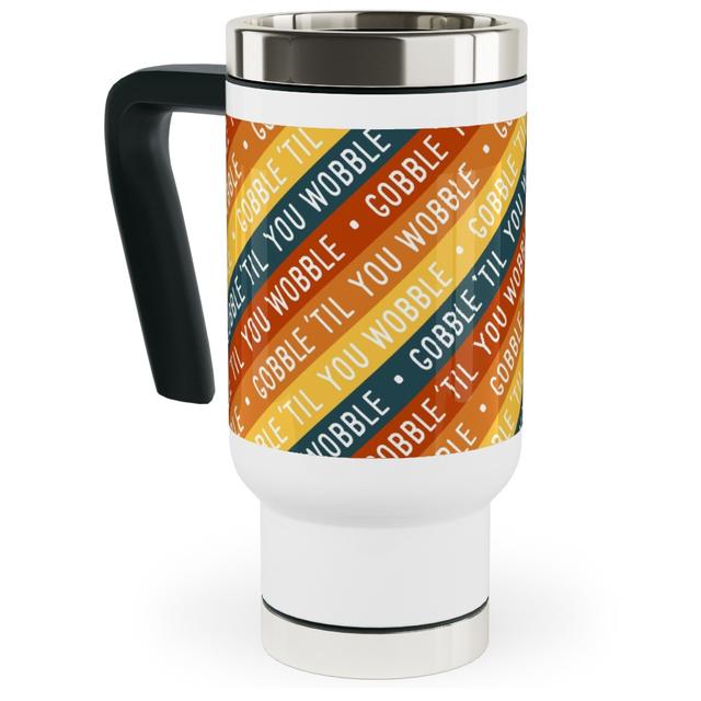 Travel Mug with Handle: Gobble 'til You Wobble - Angled Thanksgiving Stripes - Multi W/ Teal Travel