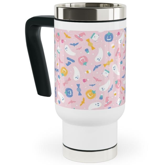 Travel Mug with Handle: Pastel Halloween Happy Ghosts and Candy Corn Travel Mug with Handle, 17oz, Pink, Bright Pink