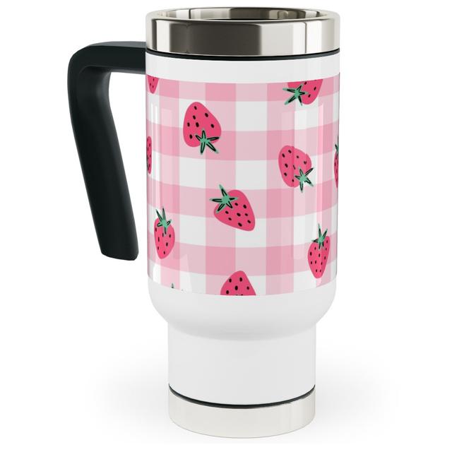 Travel Mug with Handle: Summer Strawberry Gingham - Pink Travel Mug with Handle, 17oz, Pink, Bright Pink