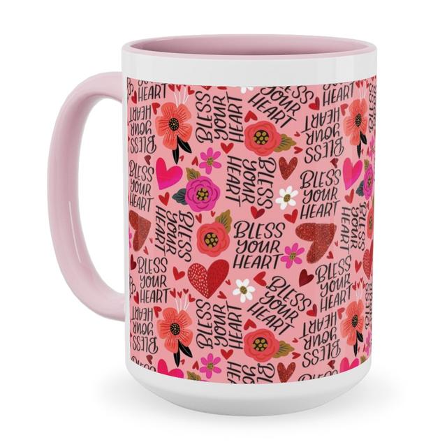 Pink Photo Mugs: Pretty Bless Your Heart - Floral - Pink and Red Ceramic Mug, Pink, 15oz, Pink, Bright Pink