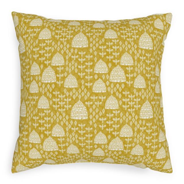 Woven Pillows: Bee Hives, Spring Florals Linocut Block Printed - Golden Yellow, Black, 20x20, Single Sided, Yellow, Classic Yellow