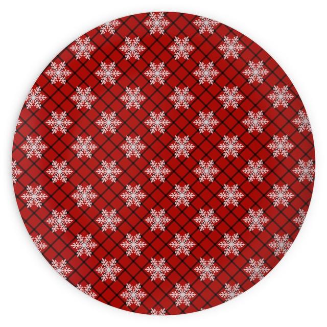 Plates: Snowy Winter Diagonal Checker Plaid - Red and Black, 10x10, Red