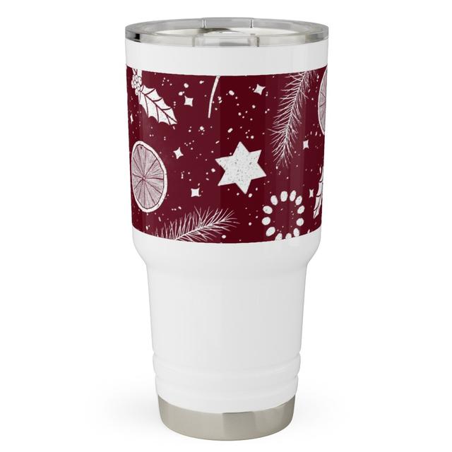 Travel Tumblers: Festive Christmas Print Stars, Mistletoe, Orange, Holly and Pine Branch on Burgundy, 30oz, Red