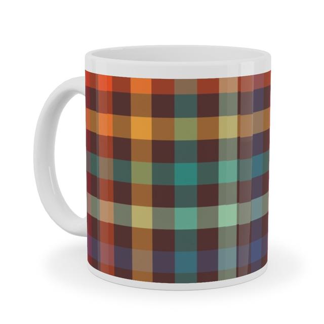 White Ceramic Mugs: Retro Rainbow Plaid Ceramic Mug, White, 11oz, Multicolor